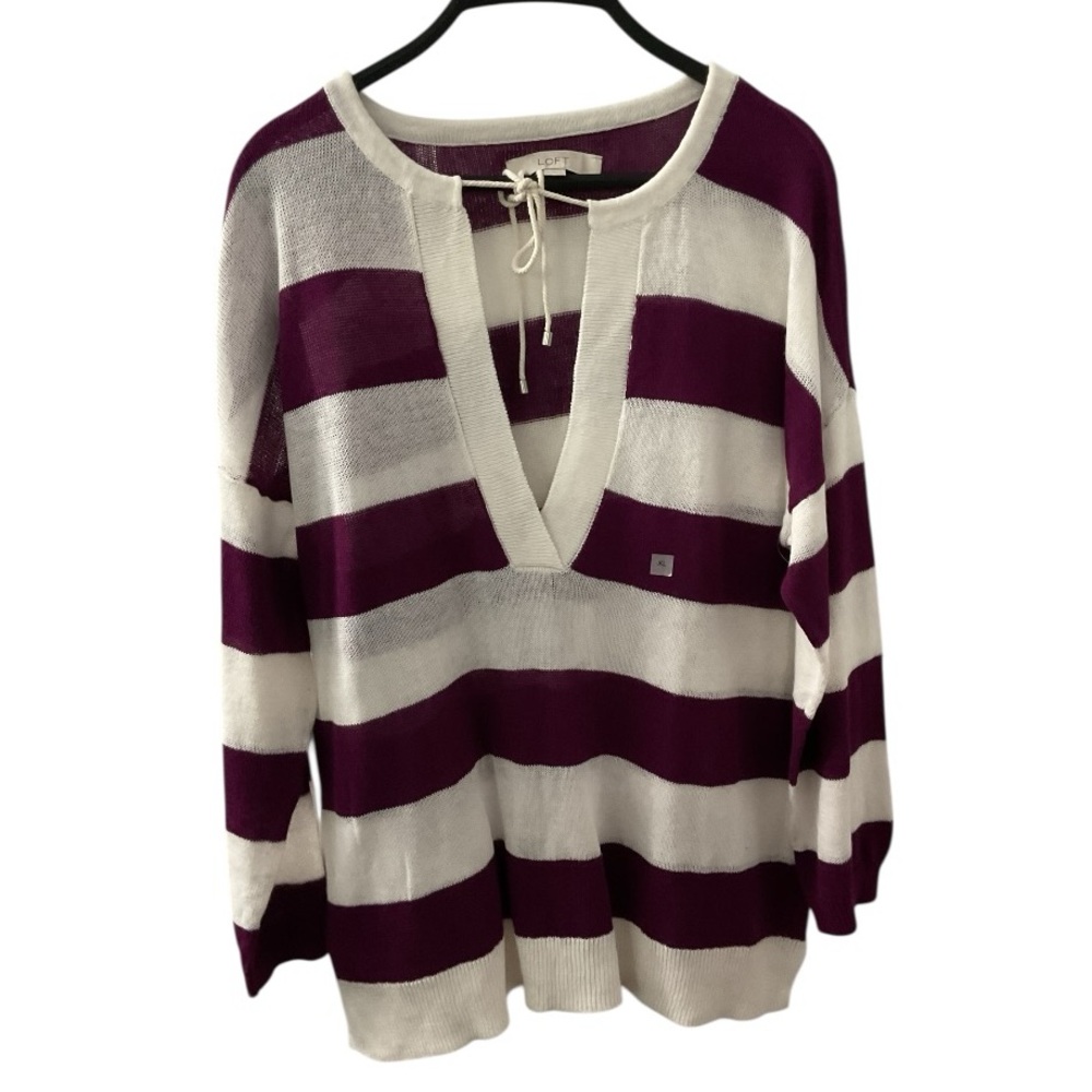 LOFT Plum and Cream Striped V-Neck Sweater